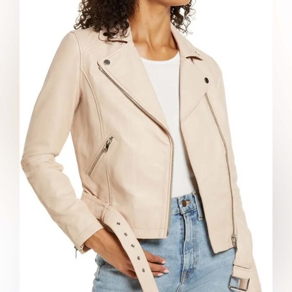 rachel parcell leather moto jacket in pink bliss